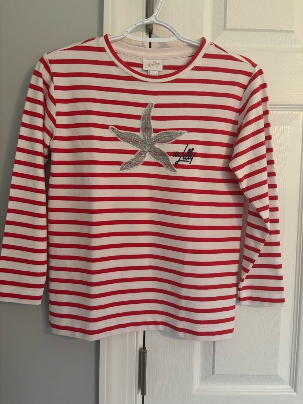 Lilly Pulitzer Mini Ballad sweatshirt Rococo red coastal stripe Starfish